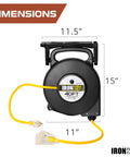 Dimensions of Heavy Duty Retractable Extension Cord Reel 40 Feet With 3 Outlets 12 Gauge SJTW 3 Prong Lighted Plug 15 Amp Circuit Breaker Mountable Power Cord Reel For Home Shop Garage.