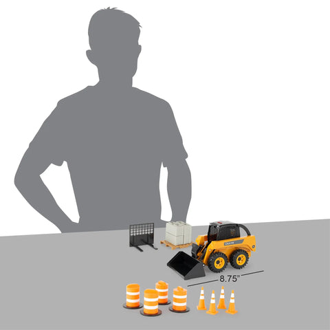Big Farm Skid Steer Set 1 16 Scale Lights And Sounds Construction Toy with cones and accessories displayed on table