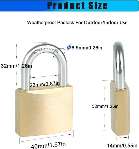 Weatherproof padlock with size dimensions for outdoor and indoor use.
