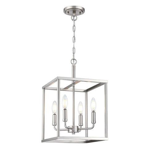 Farmhouse Style 4 Light Lantern Cage Pendant For Kitchen Island With Wood And Brushed Nickel Finish, Adjustable Hanging Length