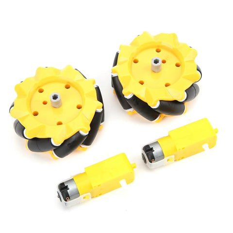 80mm Omni Wheel Set for DIY Robots with yellow rubber-coated mecanum wheels and geared motors, ideal for robot car projects.