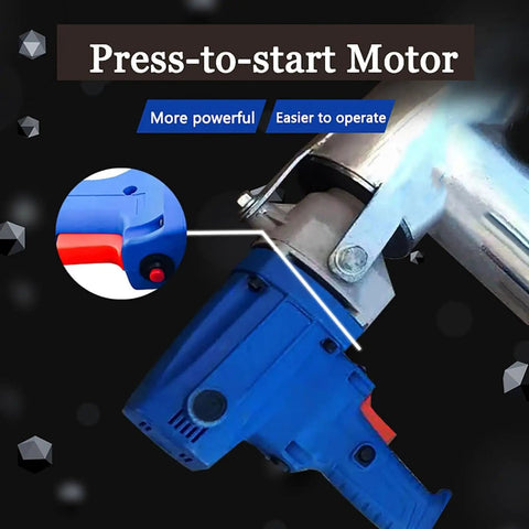 Close-up of portable grain conveyor auger motor with press-to-start feature, emphasizing ease of operation and power.