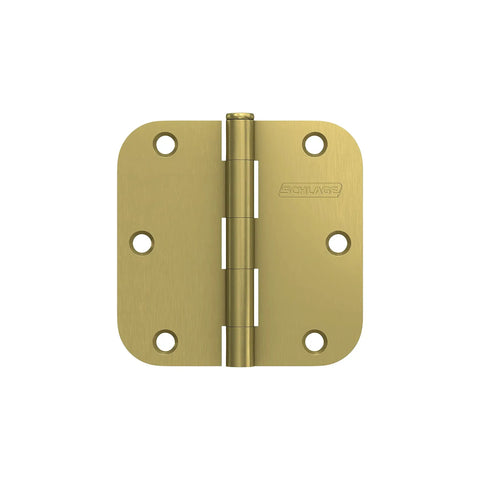 Built Like A Tank 3.5 Inch Door Hinges With 5/8 Radius Corners In Satin Brass Three Pack Heavy Duty Steel Builders Hardware close-up view.