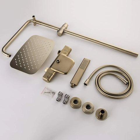 Slick Brushed Gold Thermostatic Shower System With Stable Flow Rainfall Head Wall Mounted Bathroom Faucet Set components laid out.