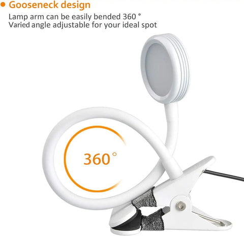 Top Shelf Clip On Reading Light With Bendy Gooseneck For Desks And Bed Rails, showcasing 360° adjustable lamp arm design.