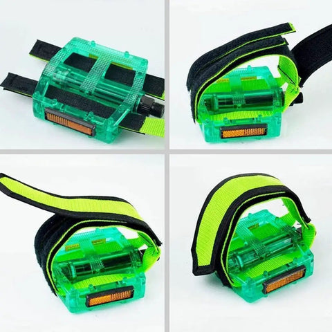 One Pair Bike Pedal Straps For Maximum Foot Grip On All Pedals, black toe clip straps attached to green bike pedals
