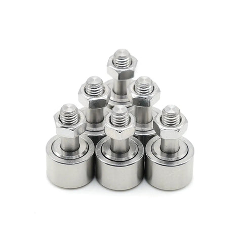 Badass M12 Bolt Shape Cam Follower Bearing Wheel Needle Roller set of six, durable steel for industrial use in precision machinery.