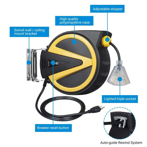 Retractable Cord Reel With Slow Auto Return Heavy Duty 50 Foot 14 3 SJTW Cord Lighted Triple Tap Outlets 13 Amp Circuit Breaker