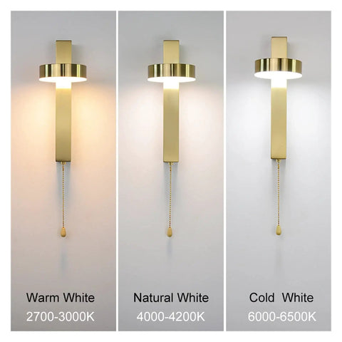 Premium Top Sleek Led Indoor Wall Lights Aluminum Nordic Sconce Fixtures showing warm, natural, and cold white lighting options.
