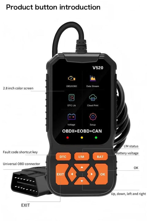 No Sweat OBD2 Diagnostic Scanner Tool with 2.8 inch screen and universal OBD connector, essential for engine diagnostics.