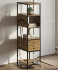 Two In One Pet Friendly Bookshelf With Built In Dog Food Storage And Feeding Station, 67 Inch Tall Wood And Metal Display Cabinet in living room