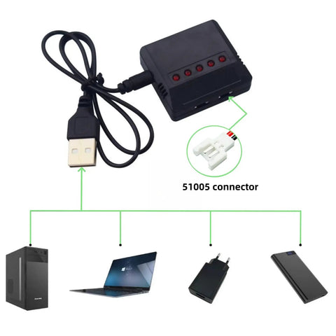 5 In 1 Smart Charger With 5 Pack 3.7V 380mAh Lithium Batteries showing USB connector and multiple charging options for compatibility.