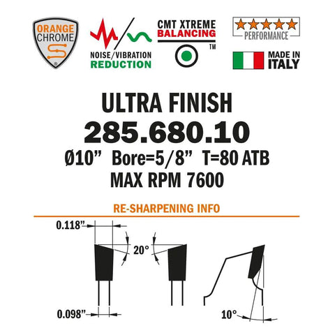 Diagram of Ultra Fine Finishing Saw Blade with specifications and features for precise crosscuts, made in Italy.