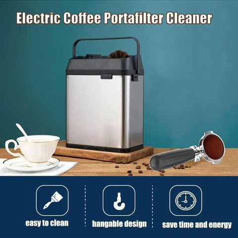 Electric Coffee Portafilter Cleaner With Built In Knock Box For Espresso Stations and sleek stainless steel design, displayed on a wooden surface.