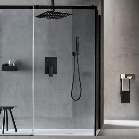 Slick Ceiling Mount Rain Shower System With Matte Black Finish To Level Up Your Home Setup Featuring Serious Water Pressure and shower components
