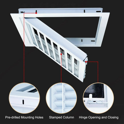 Straight Up Top Shelf Aluminum Louvered Access Panel With Heavy Duty Pre Filter Decorative Air Vent Cover For Ceiling And Wall Home Office HVAC Drywall Grille 18 By 24 Inches showing hinge mechanism and removable mesh screen.