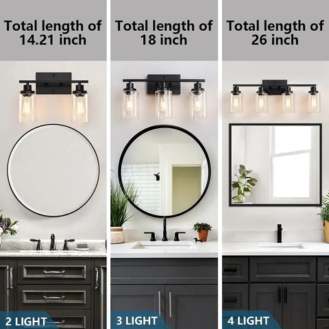 Two Light Black Vanity Lights For Bathroom Over Mirror With Clear Glass Shades And Metal Bases Modern Industrial Wall Sconces for Different Sizes