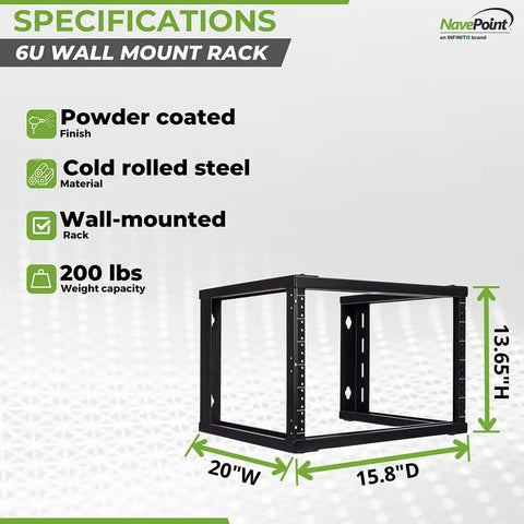Specifications graphic of Built Tight 6U Wall Mount Rack Engineered For 19 Inch Server Hardware Open Frame Steel Rack Kicking Out Clean Airflow 16 Inch Deep Handles Max Load Premium Black.