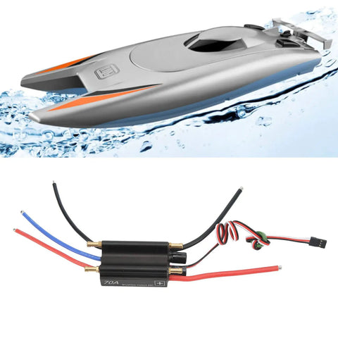 70A Brushless RC ESC Waterproof With Built In BEC For RC Boats And Airships for real hobbyists, shown beside RC boat