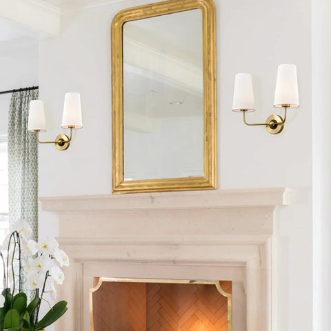 Modern Gold Wall Sconce With Fabric Shade Two Light Brushed Brass Vanity Bath Light for bedroom decor, around a mirror