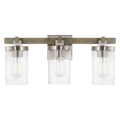 Farmhouse Vanity Light With Seeded Glass Cylinders, Three Light Fixture In Reclaimed Oak Wood And Brushed Nickel Finish, 22 Inch