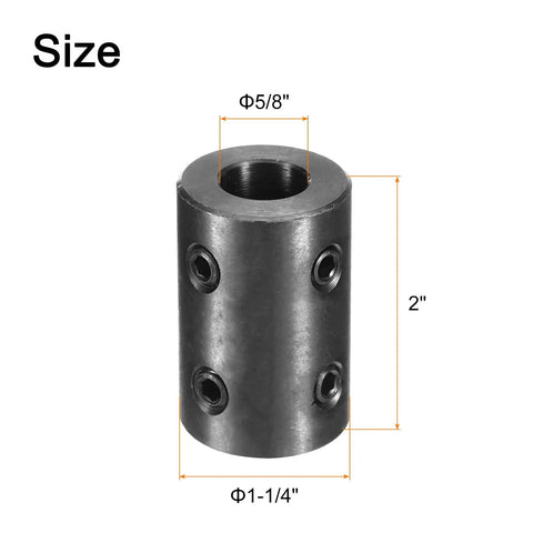Beefy Rigid Shaft Coupling Set 5/8 Inch Bore To 1-1/4 Inch OD 2 Inch Long Black Oxide Steel With 4 Set Screws Motor Wheel Coupler