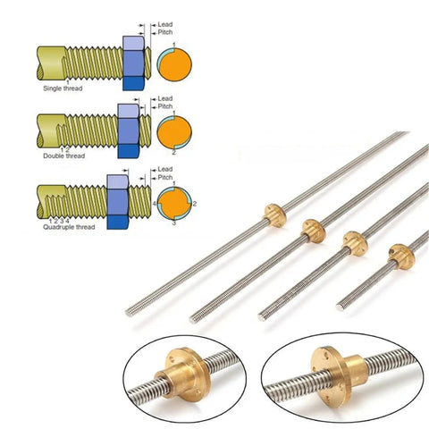Heavy Duty T10 Trapezoidal Lead Screw Set With Real Brass Nut For 3D Printers CNC Routers And Stepper Motors Built Different Hella Smooth Linear Motion 304 Stainless Steel 800mm Long showing various thread types.