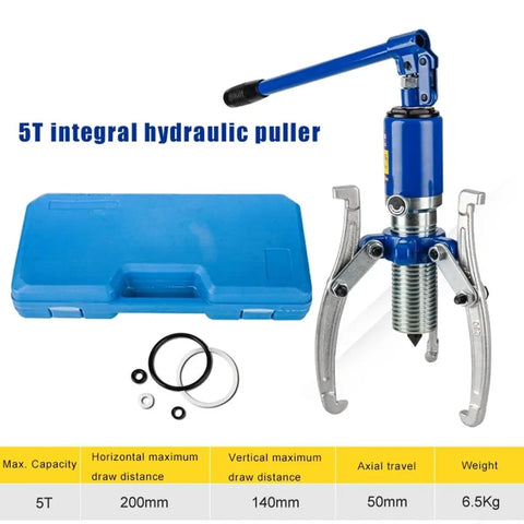 Rugged 5 Ton Hydraulic Gear Puller With Durable Alloy Steel Jaws And Two Inch Axial Travel For Stubborn Hub Bearing and Flange Extraction with blue case.