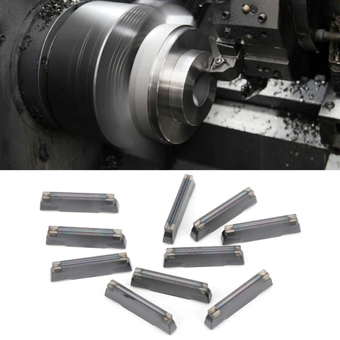 10 piece solid carbide cutting tool set for metal turning, showing indexable carbide lathe turning inserts on CNC lathe