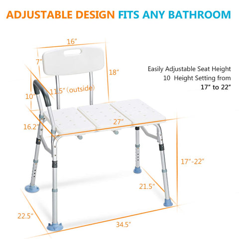 Heavy Duty Tub Transfer Bench With Backrest No Fuss Non Slip Shower Chair For Bathtub 500 Lb Capacity Adjustable Height