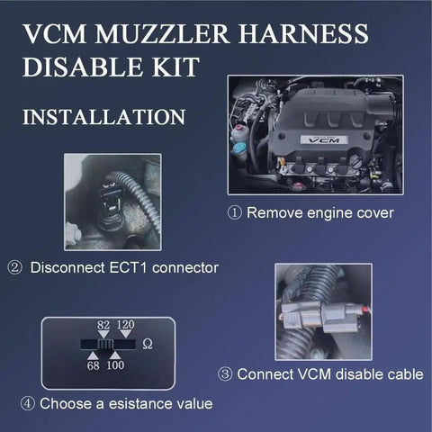 Installation steps for Muzzler Tuner For Honda Odyssey Pilot Accord Ridgeline And Acura 3.5L V6 With 30Cm Harness Plug And Play Adjustable Dial For Stable Vehicle Control Disable And Enhanced Engine Performance, including engine cover removal, connector disconnection, cable connection, and resistance value selection.