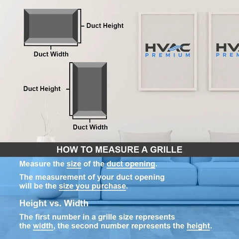 Diagram showing how to measure duct opening for 12 X 18 Inch Flat Stamped Steel Return Air Grille For Duct Opening Fits Sidewall And Ceiling HVAC Vent Cover White Finish With 1 Inch Frame Overlap For Clean Pro-Grade Airflow And Easy Install.