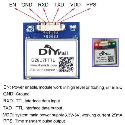 GPS Receiver Module 3.3V-5V With Flash Ceramic Antenna 9600bps NMEA-0183 connector pins EN GND RXD TXD VDD PPS