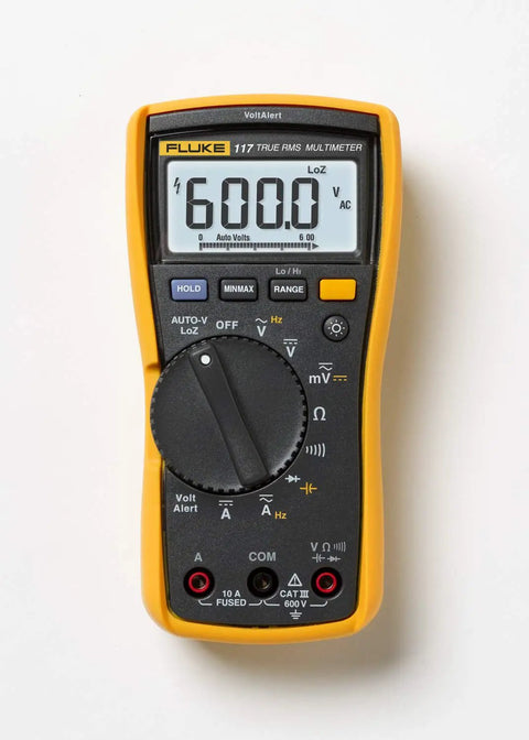117 And 323 Multimeter And Clamp Meter Combo For Electricians, showing digital display and control dial, pro grade tool.