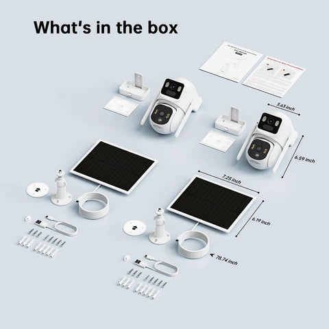 Dual Lens Solar Wireless Outdoor Security Camera With 2K Plus 2K Dual View components and accessories displayed.