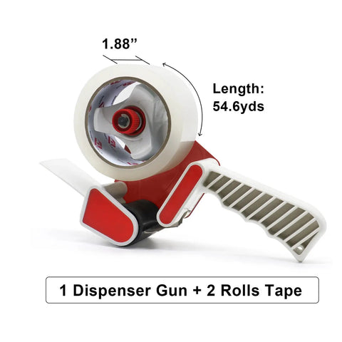 Heavy Duty Packing Tape Dispenser With Clear Shipping Rolls Quick Release Tape Gun features a comfort grip handle and two tape rolls.