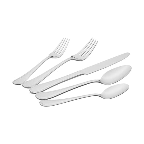 Heavy Duty Stainless Steel Flatware Set, 20 Piece Silverware Service For Four, featuring forks, knives, and spoons.