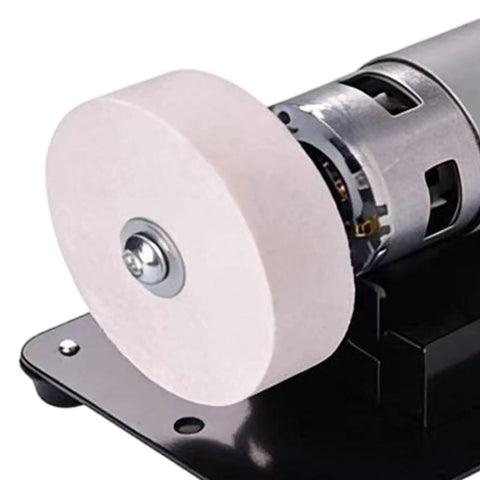 Close-up of the buffing wheel on Built Different Mini Bench Grinder With Knockout Torque From A Copper Brushless Motor.