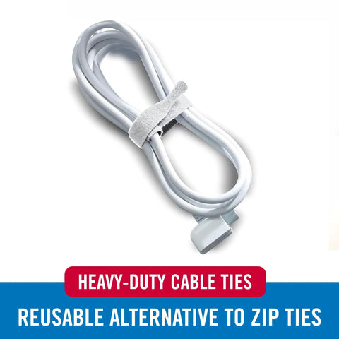 These Super Tough Heavy Duty Reusable Hook Loop Cable Ties make organizing wires a breeze, eight by half inch white.
