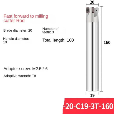 High Efficiency CNC Milling Cutter Rod For Deep Fast Feed And Superior Material Removal, 160mm length, 20mm blade diameter.