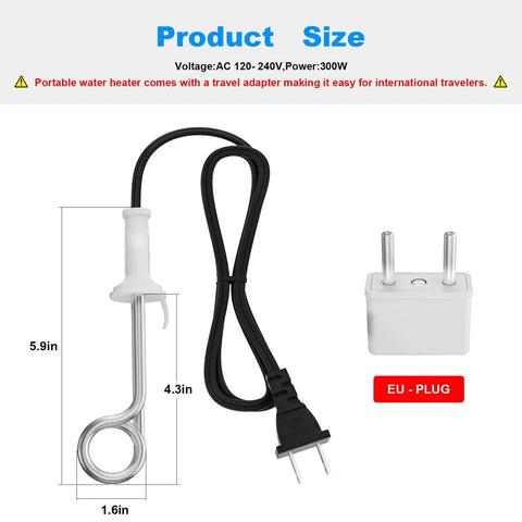 Portable 300W Immersion Water Heater For Coffee Tea Soup 120V 240V Travel Mug Warmer On The Go Instant Hot Water Reheater