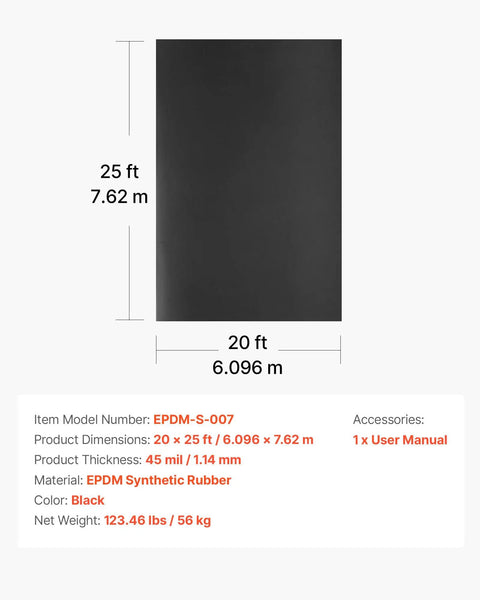 Heavy Duty EPDM Roll Roofing 45 Mil Thick Waterproof Membrane Covers Twenty By Twenty Five Feet, black synthetic rubber sheet.
