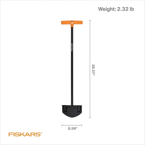 Long Handled Steel Edger Tool For Lawn And Garden With Sharpened Blade And Secure Step Platform Manual Edger For Grass Soil And Yard Work Thirty Eight Point Five Inch Pole For Easy Digging And Precise Edging Without Bending image of Fiskars edger with dimensions.