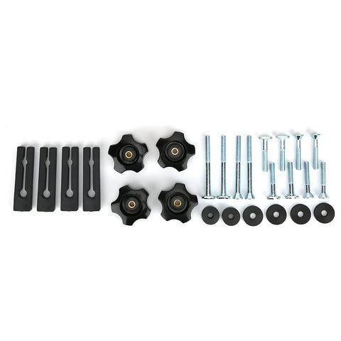 Two Piece Extended Featherboards For Table Saw Router And Band Saw set, includes clamps, bolts, and washers for secure hold.