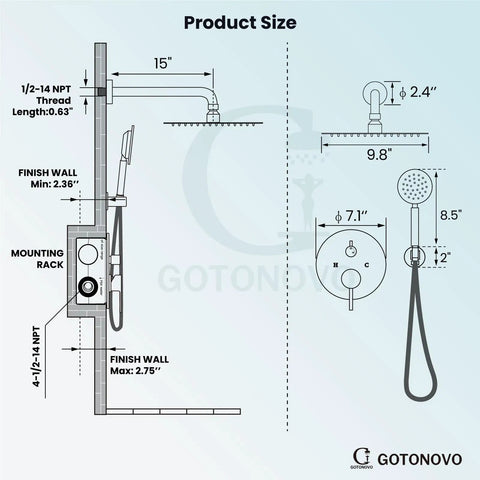 Rain Shower System With 10 Inch Round Showerhead And Handheld High Pressure Faucet Set In Matte Black Finish dimensions diagram