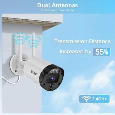 Outdoor Wireless Security Camera System With 90 Day Storage dual antenna on wall with increased transmission distance and 2.4GHz support