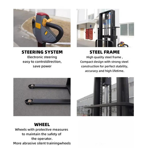 Heavy Duty Electric Hand Pallet Jack Stacker With 3000mm Lift Height showcasing electronic steering, steel frame, and safety wheels.