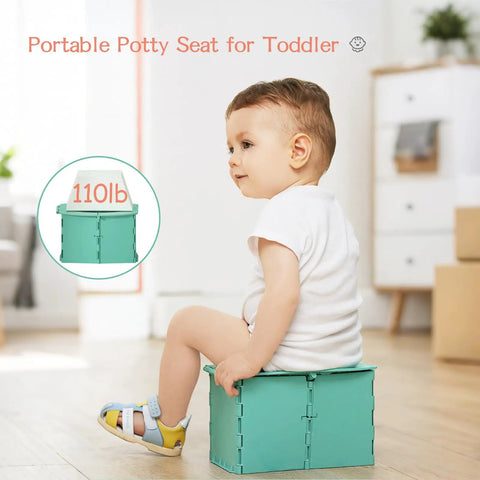 Nifty Foldable Toddler Potty Seat Grab And Go Travel Toilet For Little Kiddos BPA Free with cleanup bags in green color.