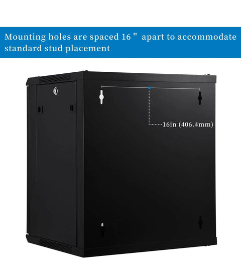 Rock Solid 12U Wall Mount Network Rack Cabinet Featuring Locking Tempered Glass Door with mounting holes 16 inches apart.