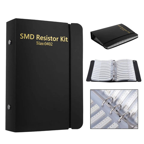 Ultimate 0402 SMD Resistors Kit with 170 Values, 50 Pieces Each, 8500 Total Pieces in a Handy Booklet, shown open and closed